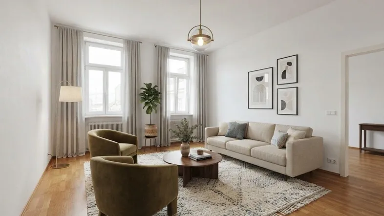 Helles Wohnzimmer mit Holzboden, beigem Sofa und zwei großen Fenstern.