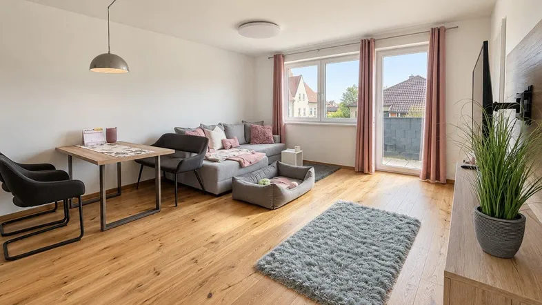 Helles Wohn- und Esszimmer mit Holzboden, gemütlichem Sofa und Zugang zu einem Außenbereich.