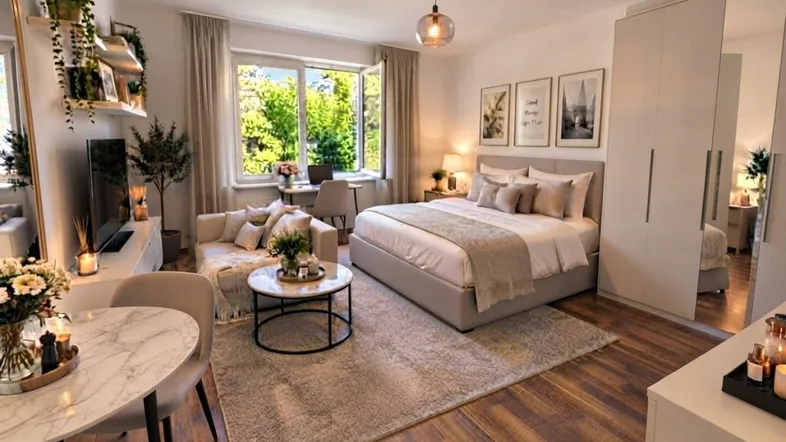 Helles Schlafzimmer mit modernem Design, Holzboden und integriertem Wohn- und Essbereich.