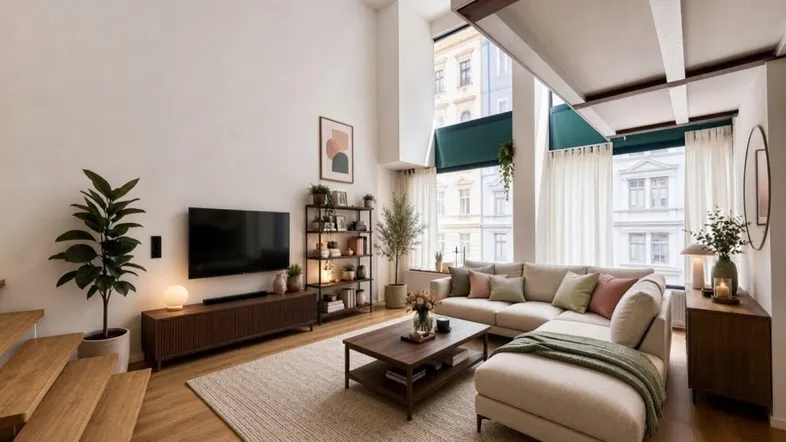 Helles, modernes Wohnzimmer mit hohen Decken, großen Fenstern und bequemer Eckcouch.