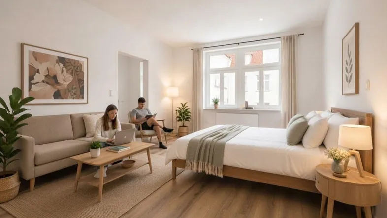 Helles, kombiniertes Wohn- und Schlafzimmer mit Holzboden, großen Fenstern und modernen Möbeln.
