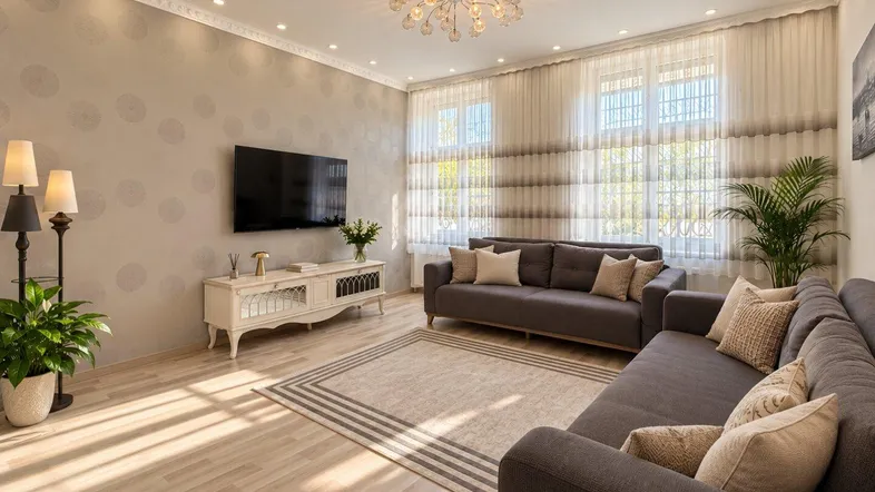 Helles Wohnzimmer mit modernem Dekor, Parkettboden und großen Fenstern, die viel Licht hereinlassen.