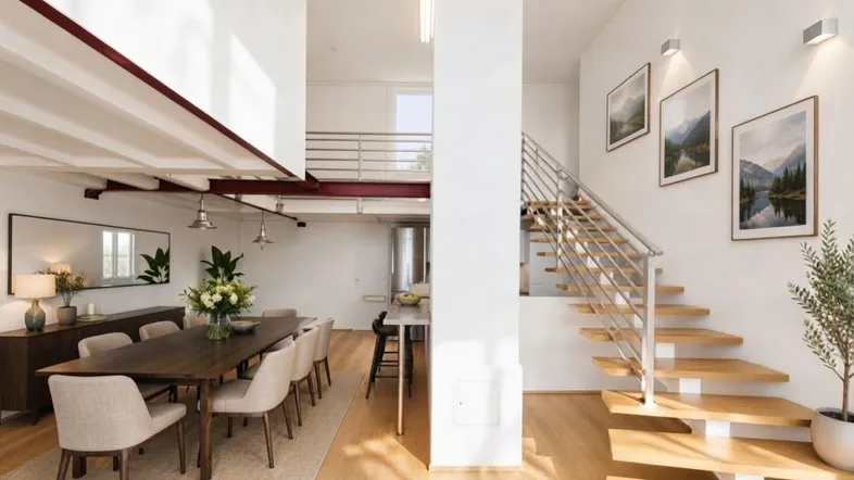 Lichtdurchfluteter, offener Wohn- und Essbereich mit hohen Decken, Holzboden und moderner Holztreppe zu einer Galerie.