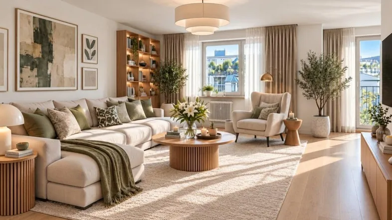 Helles und modern eingerichtetes Wohnzimmer mit großem Ecksofa, Holzboden und Zugang zum Balkon.