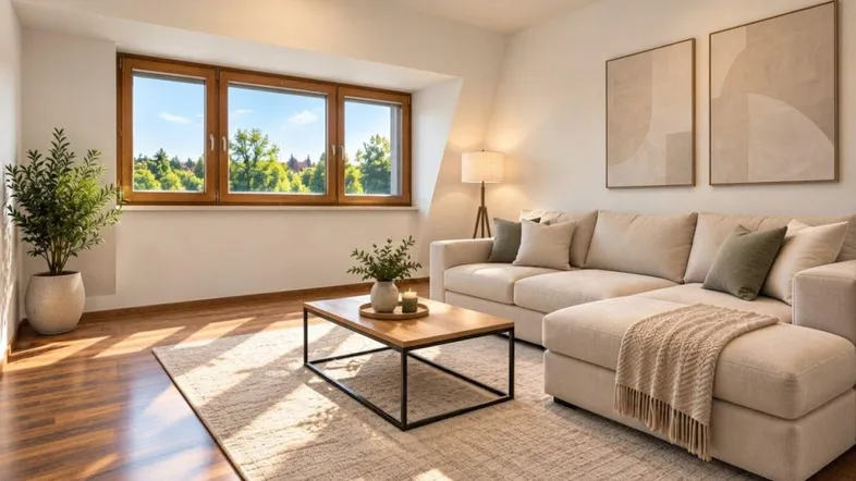Helles Wohnzimmer mit beigem Ecksofa, Holzboden und Blick ins Grüne durch große Fenster.