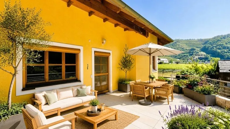 Sonnige Terrasse mit bequemen Gartenmöbeln und Blick auf die umliegenden Weinberge.