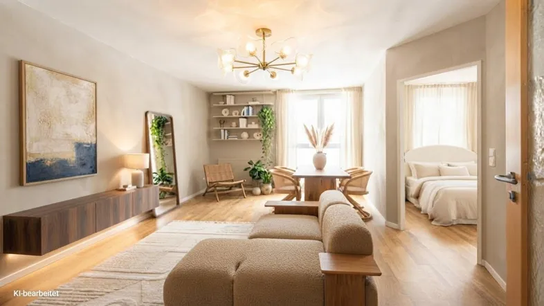 Modernes Wohnzimmer mit beigem Sofa, Holzboden und Essbereich im Hintergrund, hell und stilvoll eingerichtet.