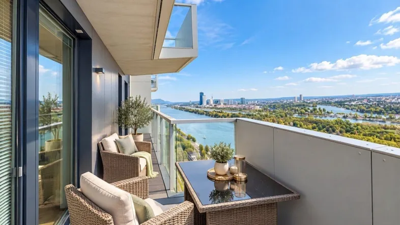 Geräumiger Balkon mit modernen Outdoor-Möbeln und weitem Blick auf den Fluss und die Stadt.