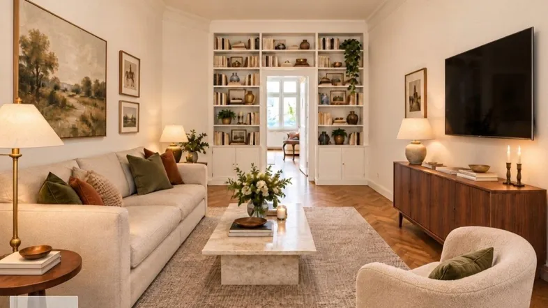 Virtuell inszeniertes Wohnzimmer mit elegantem Fischgrätparkett, hohen Decken und integriertem Bücherregal.