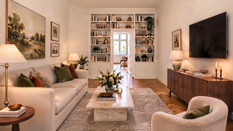 Virtuell inszeniertes Wohnzimmer mit elegantem Parkettboden und integrierten Bücherregalen.