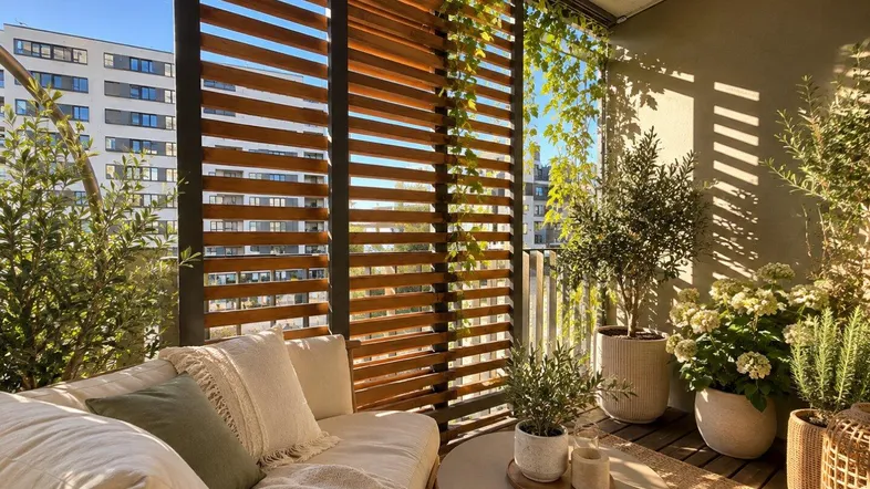 Gemütlicher Balkon mit Holzelementen, Pflanzen und bequemen Sitzgelegenheiten, ideal zum Entspannen im Freien.