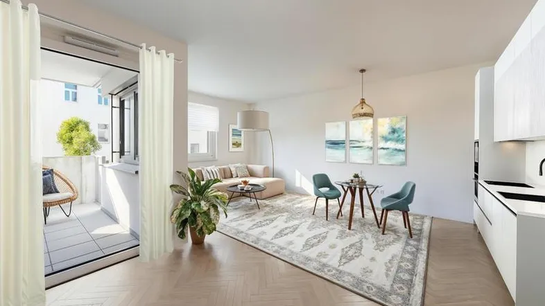 Helles, modern eingerichtetes Wohn-Esszimmer mit offener Küche und Zugang zu einem Balkon.