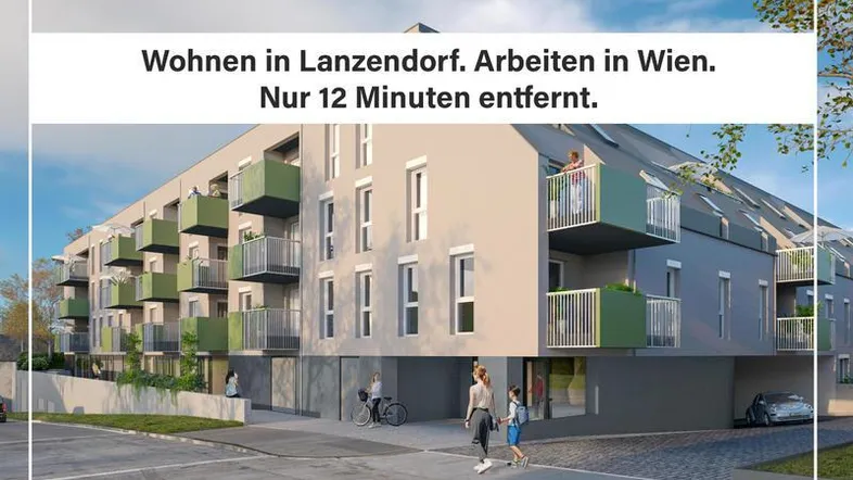 Visualisierung der modernen Wohnanlage mit Balkonen und umliegender Infrastruktur.