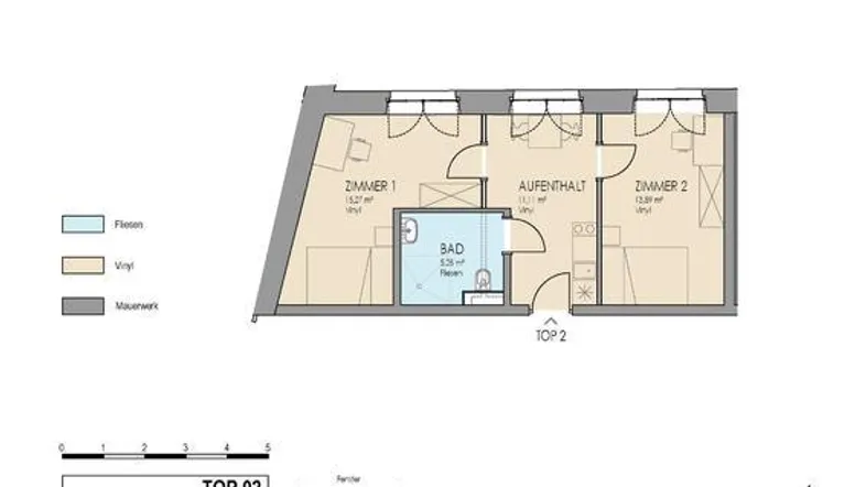 Detaillierter Grundriss einer barrierefreien 2-Zimmer-Wohnung mit Bad und Aufenthaltsbereich.