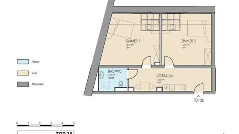 Grundriss einer 2-Zimmer-Wohnung mit Bad/WC und Vorraum, inklusive Flächenangaben und Materiallegende.
