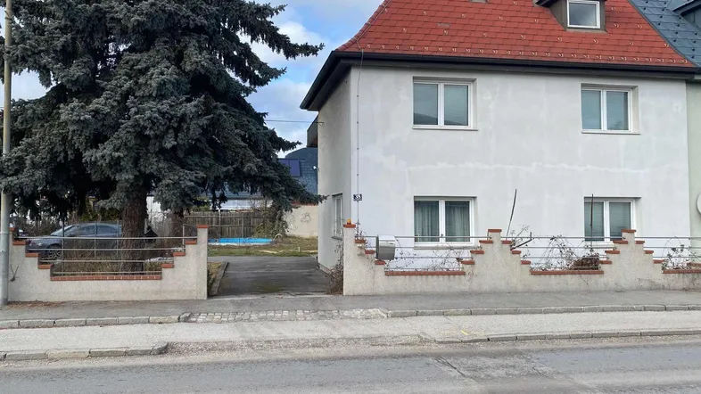 Ansicht des Hauses von der Straße mit großem Nadelbaum und Vorgartenbereich.