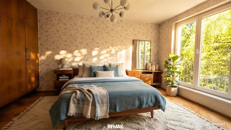 Helles Schlafzimmer mit floraler Tapete, Holzboden, Einbauschrank und großem Fenster mit Blick ins Grüne.