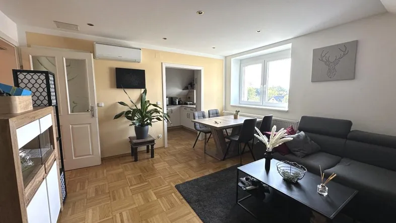 Geräumiger Wohn-Essbereich mit Parkettboden, bequemer Couch und integrierter Essecke, ideal für geselliges Beisammensein.