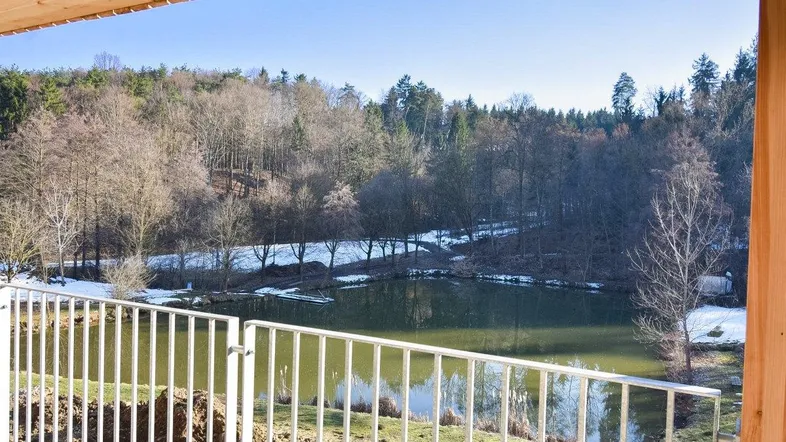 Blick vom Balkon auf einen See und bewaldete Hügel mit Schneeresten, unter blauem Himmel.