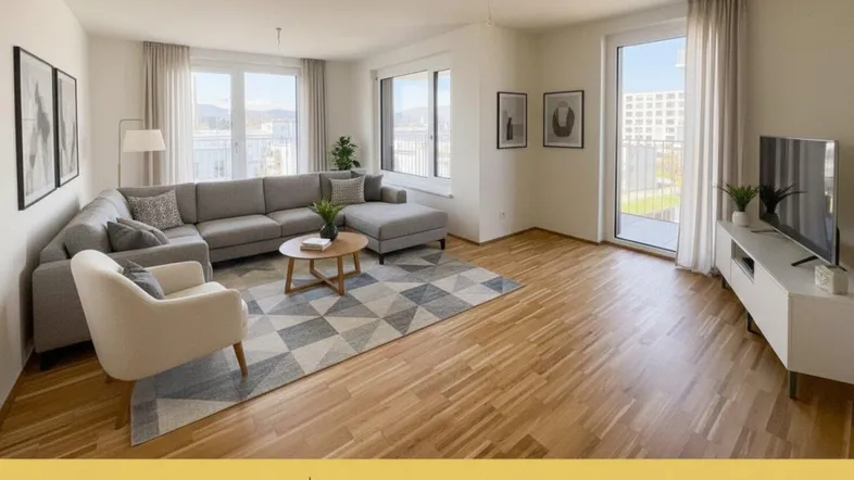 Helles und modern eingerichtetes Wohnzimmer mit großen Fenstern, Parkettboden und Zugang zum Balkon mit Grünblick.