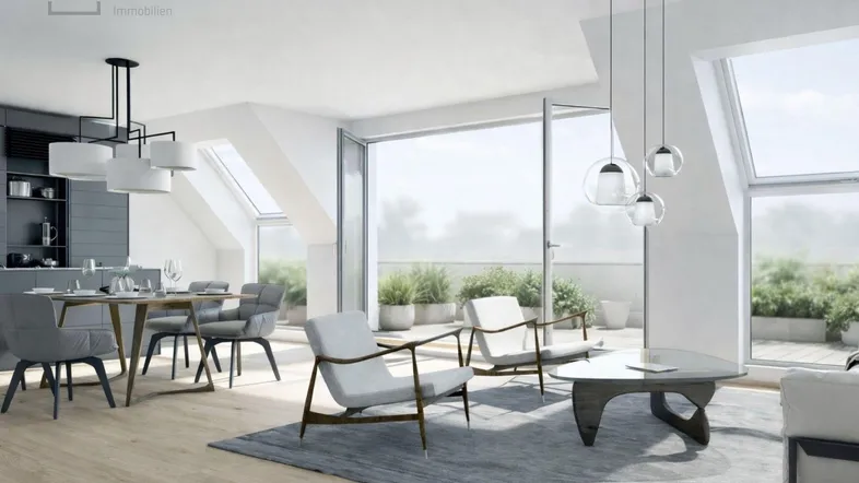 Modernes Dachgeschoss-Apartment mit offener Wohnküche, Essbereich und Zugang zur Terrasse.