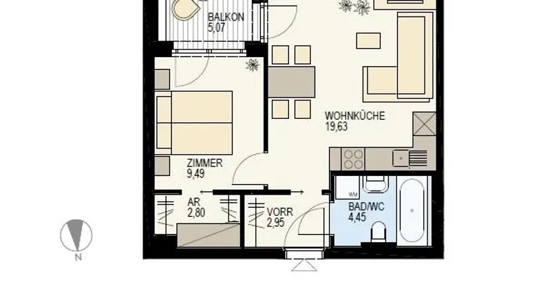 Grundriss einer Wohnung mit Balkon, Wohnküche, Zimmer und Bad/WC.