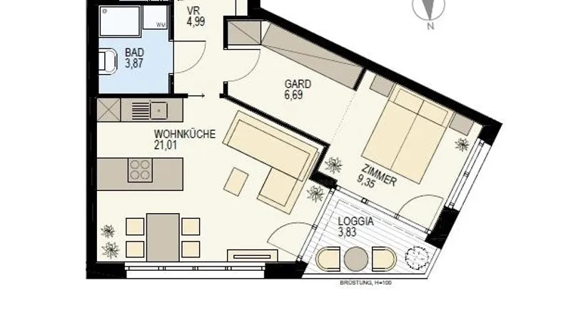Detaillierter Grundriss einer Wohnung mit Wohnküche, Schlafzimmer, Bad und Loggia.