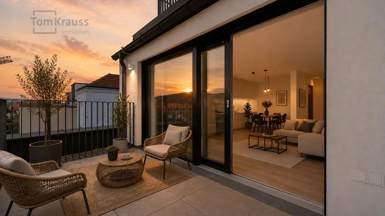 Geräumige Terrasse mit Sitzgelegenheiten und Blick auf den Sonnenuntergang über der Stadt.