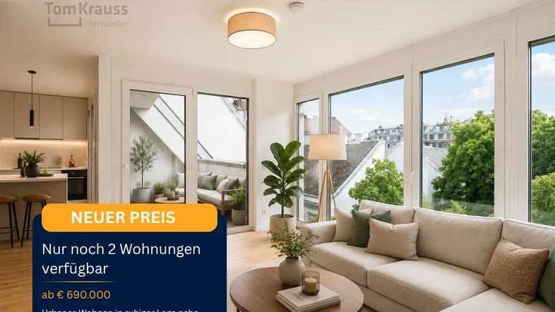Helles, offenes Wohnzimmer mit integrierter Küche, großen Fenstern und Zugang zur Terrasse.