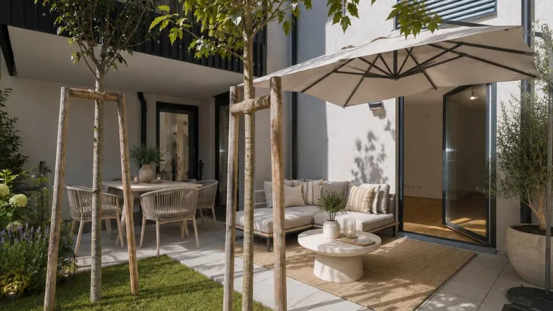Virtuell inszenierte Terrasse mit Sitzbereich, Sonnenschirm und jungem Baumbestand.