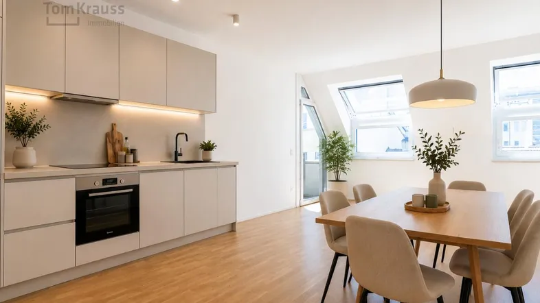 Moderne offene Wohnküche mit Essbereich, Holzboden und Dachfenstern, virtuell inszeniert.
