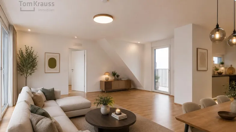 Modernes, lichtdurchflutetes Wohn-Esszimmer mit Holzboden und Zugang zu einem kleinen Balkon.