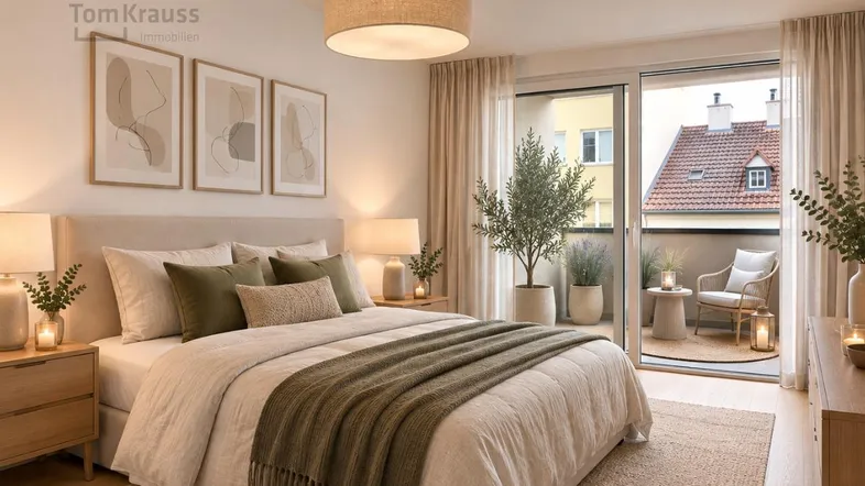 Modernes Schlafzimmer mit Doppelbett, Holzboden und Zugang zu einem möblierten Balkon.
