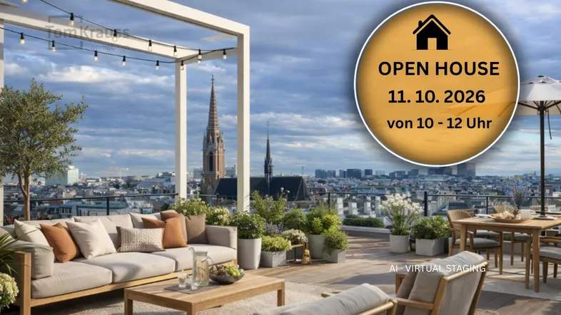 Geräumige Dachterrasse mit bequemen Loungemöbeln und weitem Blick über die Stadt, inklusive Open House Hinweis.