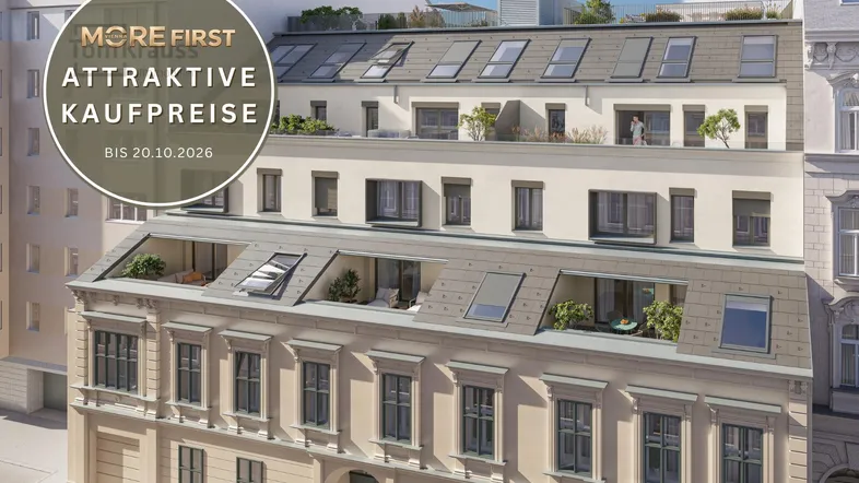 Attraktive Außenansicht eines modernen Gebäudes mit historischen Elementen und Dachterrassen.