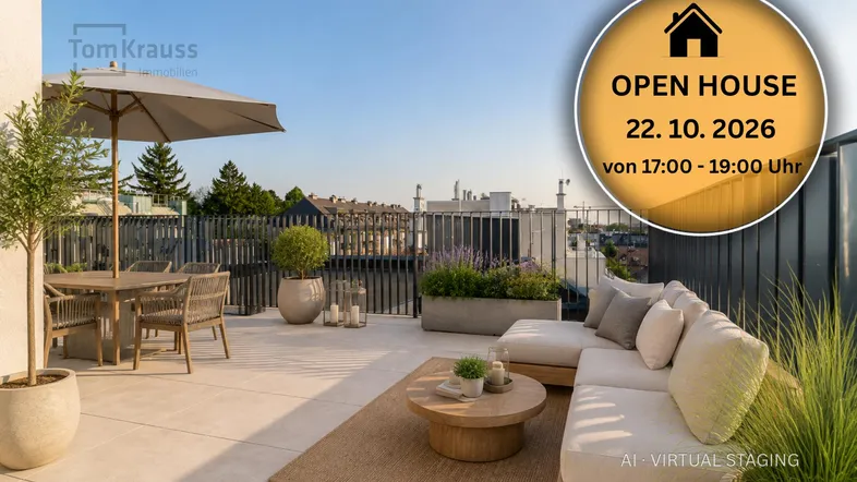Große Dachterrasse mit modernen Outdoor-Möbeln, Pflanzen und weitem Blick über die Stadt.
