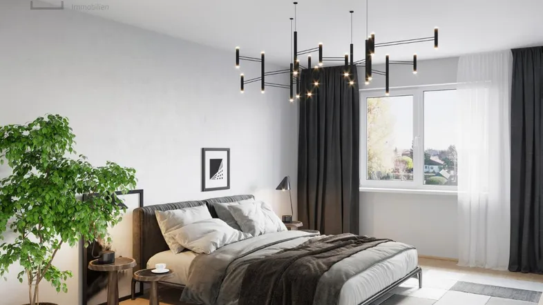 Modernes Schlafzimmer mit großem Bett, stilvoller Beleuchtung und Blick ins Grüne.