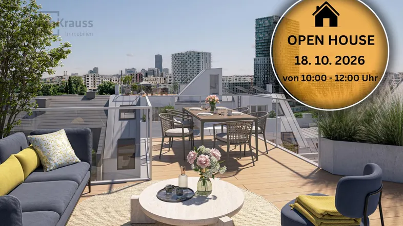 Geräumige Dachterrasse mit modernen Möbeln und weitem Blick über die Stadt, ideal für Entspannung und Unterhaltung.