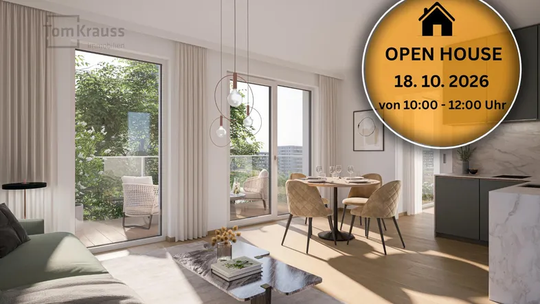 Heller offener Wohn-Essbereich mit integrierter Küche und Zugang zum Balkon.