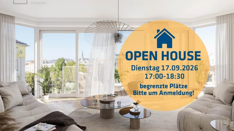 Helles Wohnzimmer mit großen Fenstern, Stadtblick und moderner Einrichtung, ergänzt durch einen Balkonzugang.
