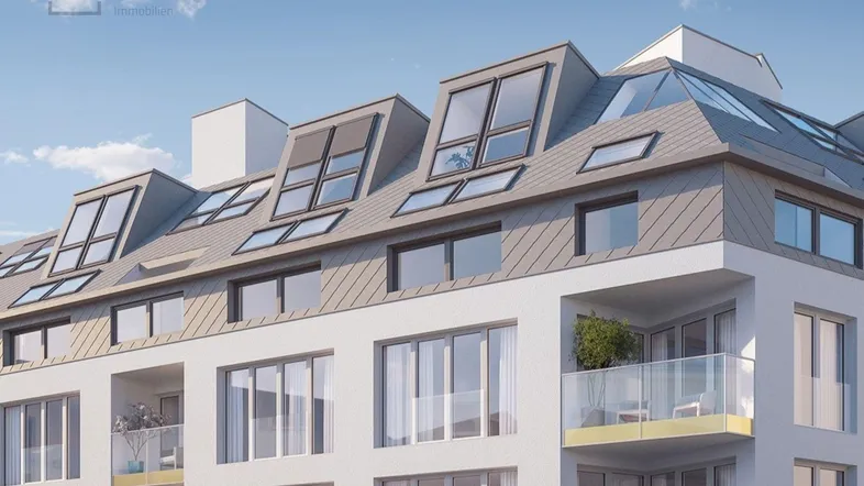 Moderne Fassade eines Wohngebäudes mit Balkonen und Dachgauben unter blauem Himmel.