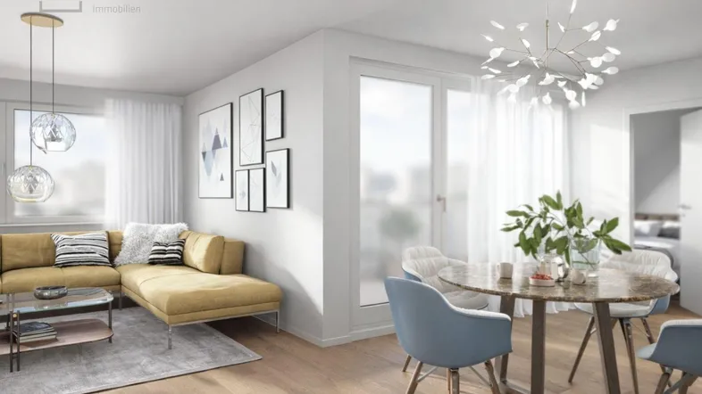 Heller, modern eingerichteter Wohn-Essbereich mit gelbem Sofa, Esstisch und Zugang zum Balkon.