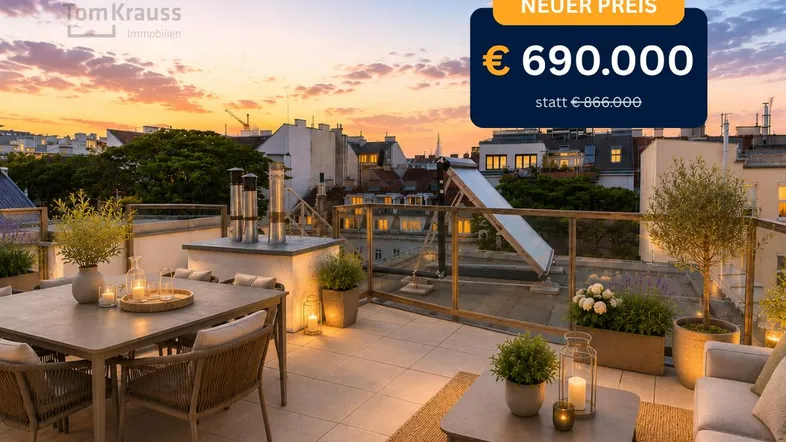 Virtuell inszenierte Dachterrasse mit Essbereich, Lounge-Möbeln und weitem Blick über die Stadt bei Sonnenuntergang.