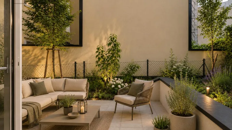 Gemütliche Terrasse mit bequemen Gartenmöbeln und üppiger Bepflanzung für entspannte Abende im Freien.