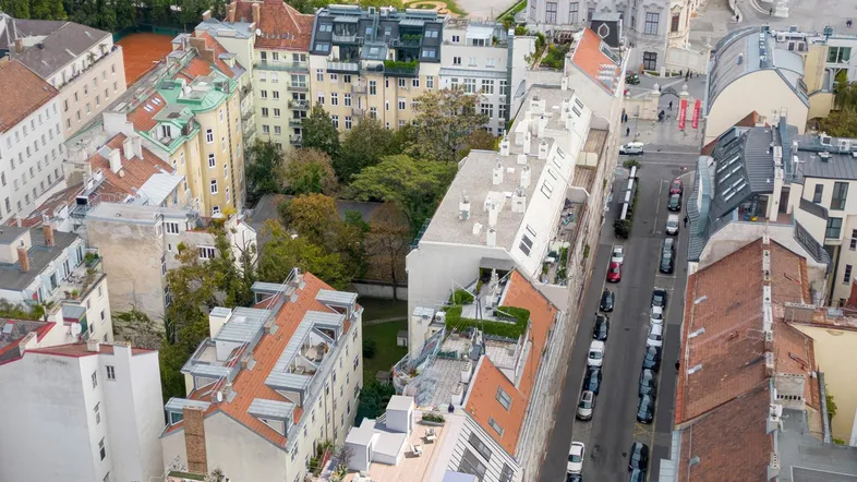 Luftaufnahme eines Stadtviertels mit Gebäuden, Straßen und einem Park im Hintergrund.