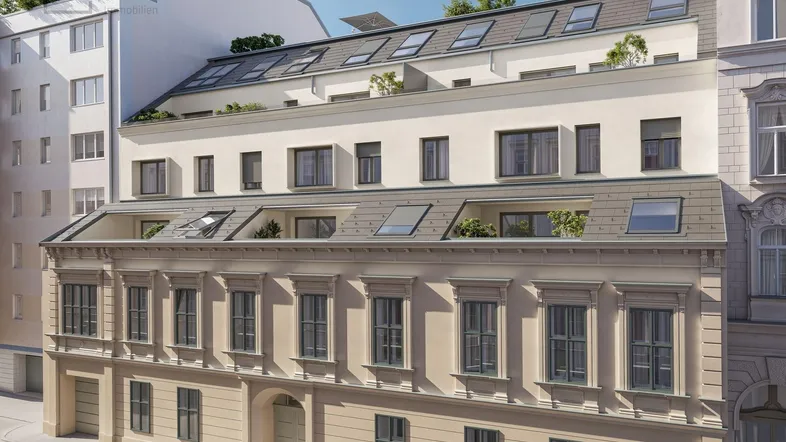 Visualisierung der modernen Fassade eines Gebäudes mit Mansarddach und Balkonen.