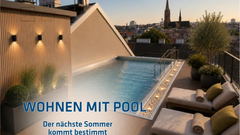 Exklusive Dachterrasse mit Infinity-Pool, Sonnenliegen und Panoramablick über die Stadt bei Sonnenuntergang.
