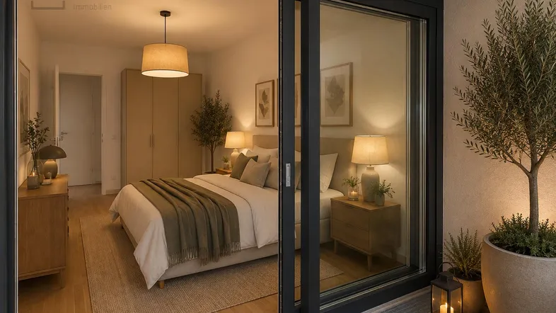Helles Schlafzimmer mit modernem Interieur, Holzboden und Zugang zu einem möblierten Außenbereich.