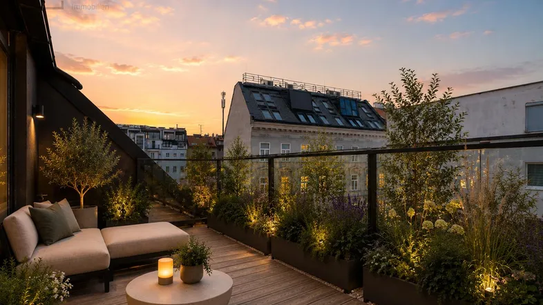 Gemütliche Dachterrasse mit stilvollen Möbeln, Pflanzen und stimmungsvoller Beleuchtung bei Sonnenuntergang.