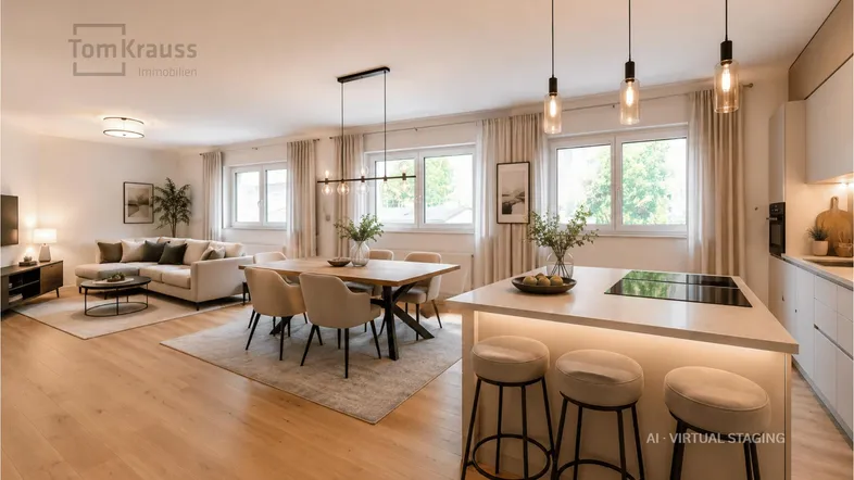 Heller, offener Wohn-Essbereich mit moderner Küche, Holzboden und großen Fenstern.